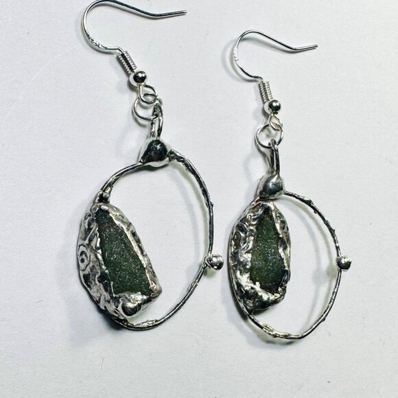 Natural Moldavite & Sterling 925 Boho Metalwork Earrings - Picture 10 of 17